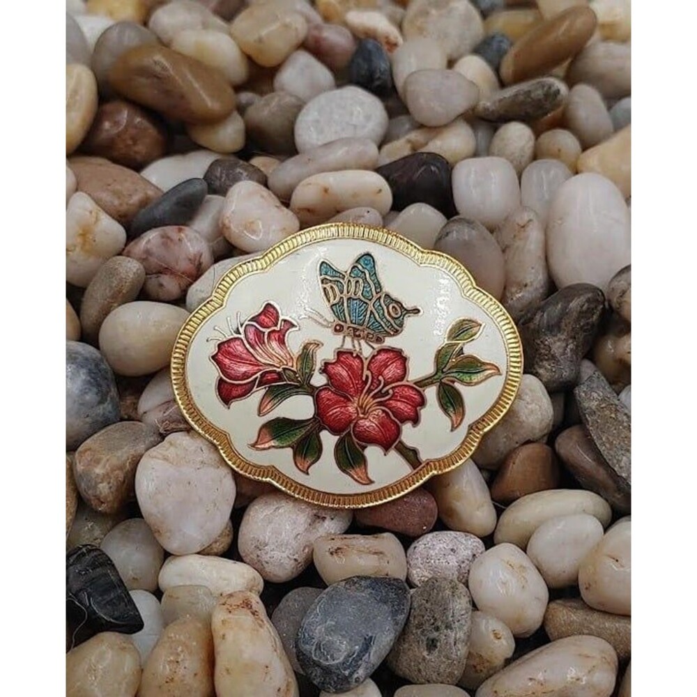 Vintage Oval Cloisonne Enamel Flowers and Butterfly Brooch Pin White Gold Tone